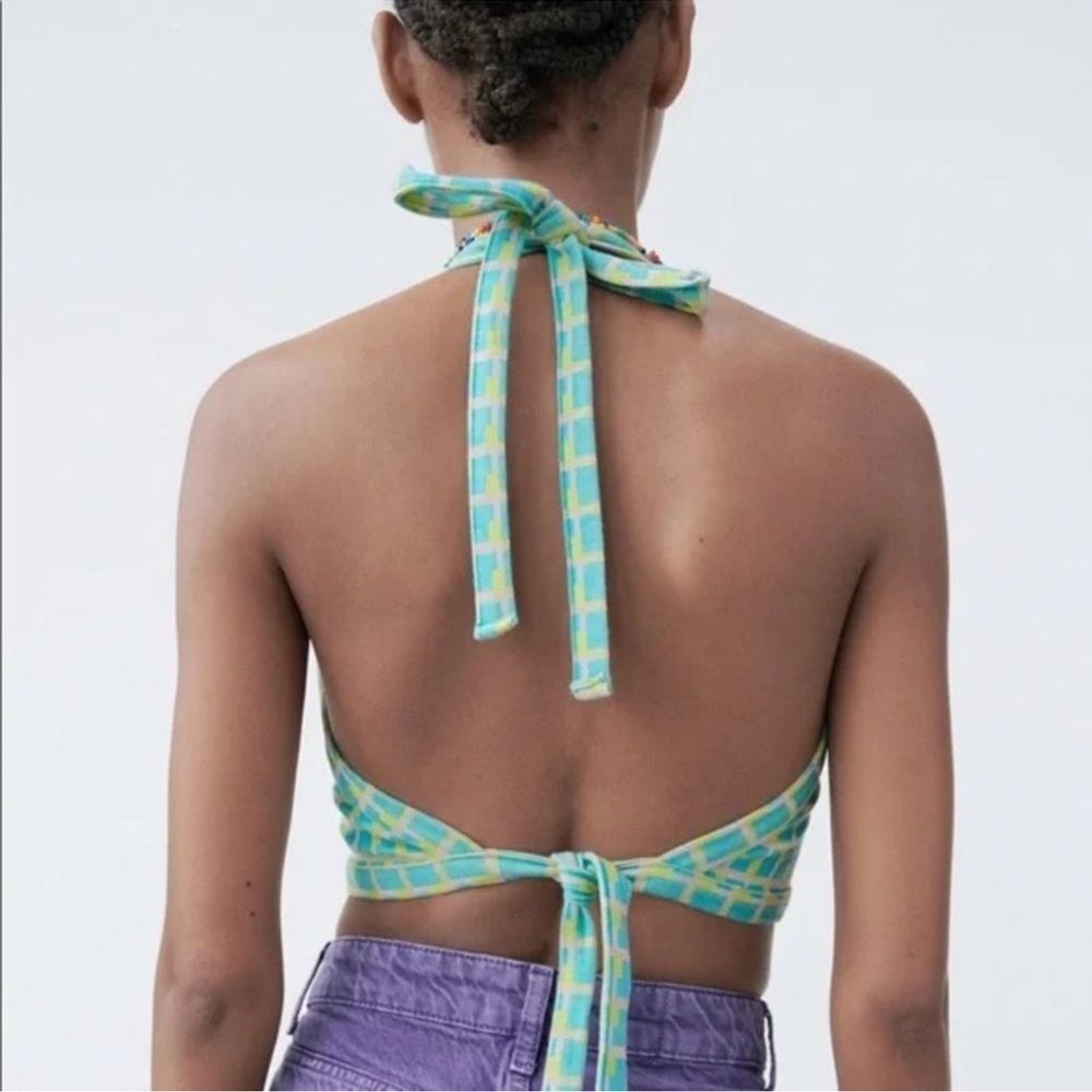 Zara Vibrant Blue and Green Checkered Halter Tank Top - Picture 2 of 8